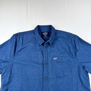 Hollister Shirt Mens M Navy Short Sleeve Button Up Epic Flex Stretch Logo EUC